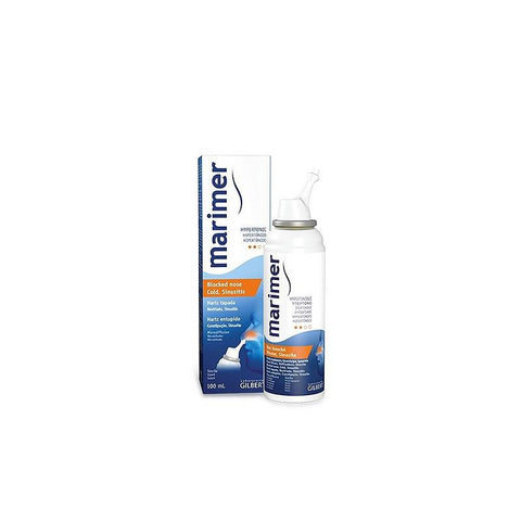 Marimer Hypertonic Sea Water nasal spray bottle by Jag Couture London New York, 100ml, with clear label and blue cap.