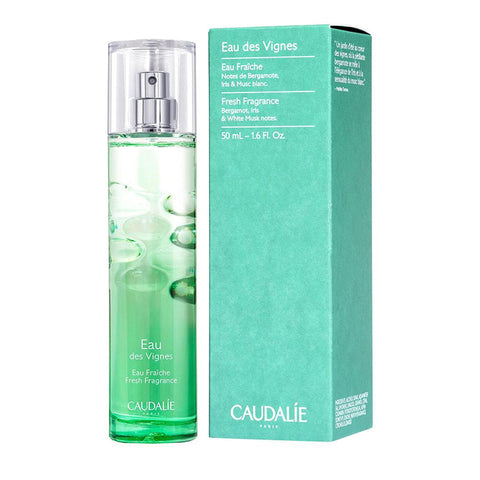Caudalie Eau Fraîche Eau des Vignes 50ml perfume bottle with green and white packaging, fresh floral scent