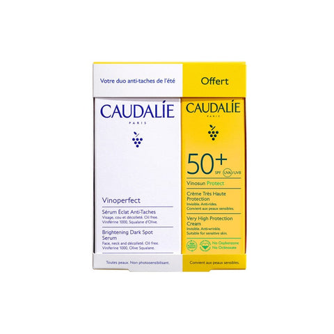 Two bottles of Caudalie Vinoperfect Anti-Dark Spot Radiance Serum in 30ml bottles, displayed together.
