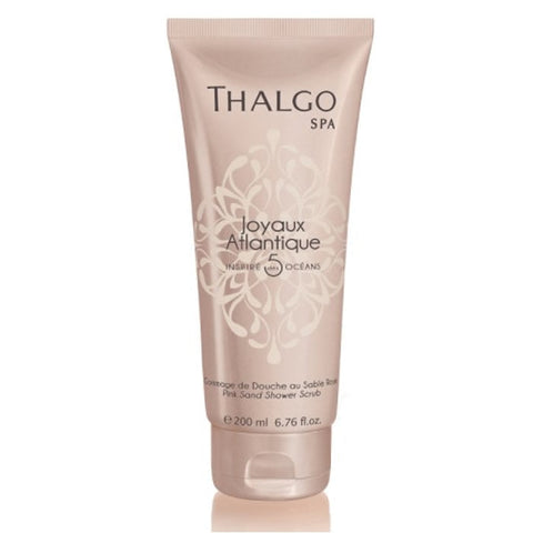 Pink sand shower sand by Thalgo Joyaux Atlantique in 200ml container, shown in a clear bottle with a pink hue and textured sand inside.