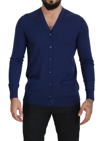 Blue Wool V-neck Button Down Cardigan Sweater
