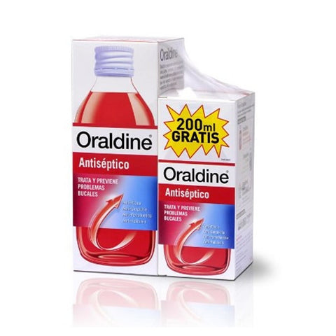 Set of two Oraldine antiseptic bottles by Jag Couture London, New York, 400ml each, with labels and caps visible.