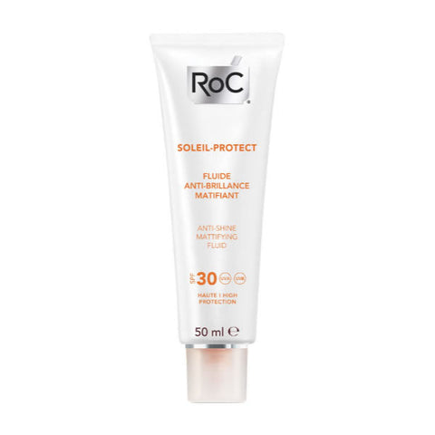 Jag Couture London Roc Soleil Protect Anti Shine Mattifying Fluid SPF30 in 50ml bottle, smooth texture, and lightweight formula.
