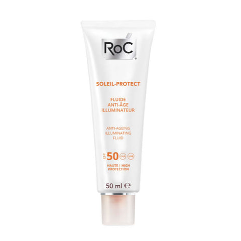 Jag Couture London Roc Soleil Protect Anti-Ageing Illuminating Fluid SPF 50 in a 50ml bottle, designed to protect and brighten skin.