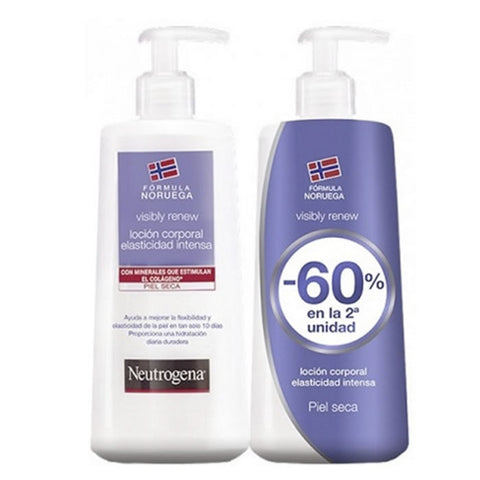 Neutrogena Visibly Renew Body Lotion in two 400ml bottles, featuring smooth, hydrating formula for healthy skin.