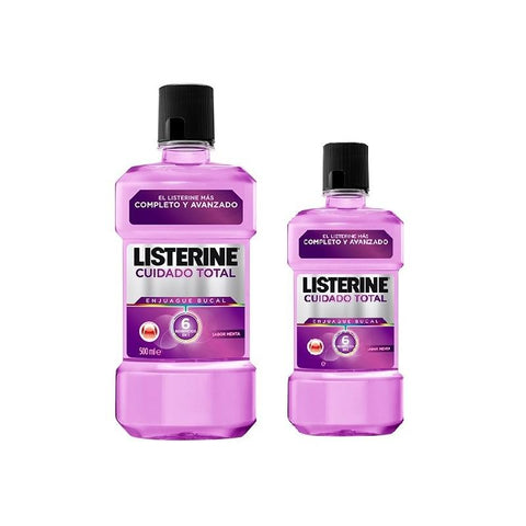 Listerine Total Care mouthwash bottles, 500ml and 250ml, by Jag Couture London - New York, with labeled packaging.
