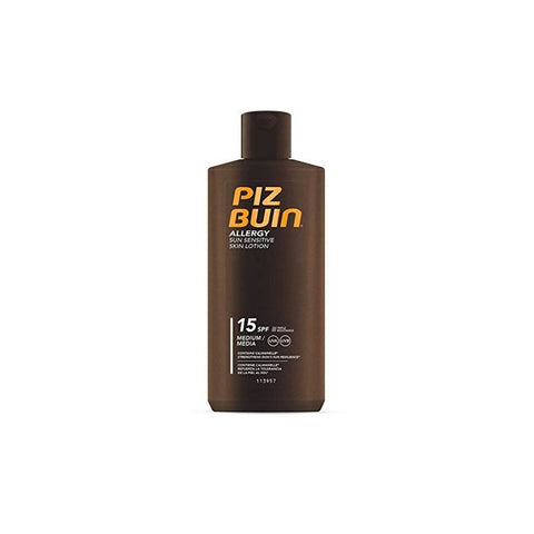 Piz Buin Allergy Lotion SPF 15 200ml bottle, skincare product by Jag Couture London New York, with a white and blue label.