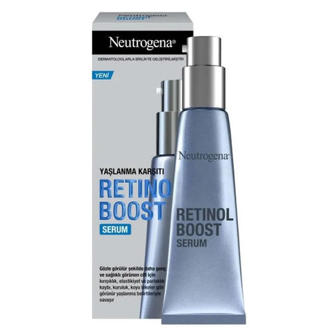 Neutrogena Retinol Boost Serum 30ml bottle with dropper, skincare product for anti-aging and skin renewal.