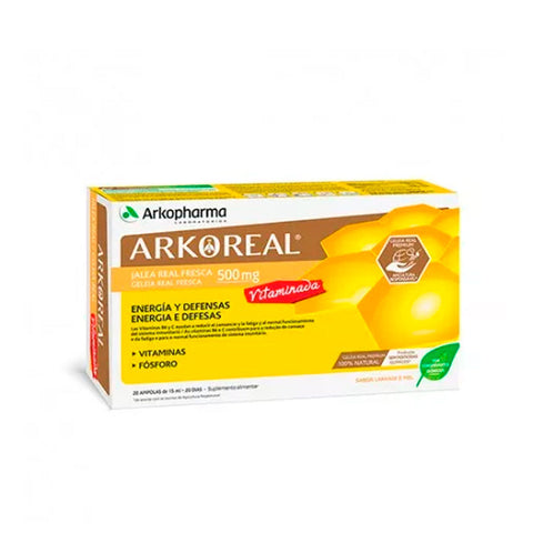 Arkopharma Arkoreal Royal Jelly 20 ampoules in glass vials with yellow caps, displayed on a white background.