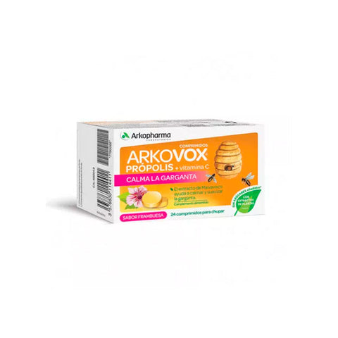 Arkopharma Arkovox Propolis Raspberry Flavour 24 tablets in blister pack, natural flavoured supplement for immune support.