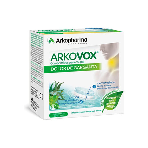 Arkopharma Arkovox sore throat mint tablets in a blister pack, natural remedy for soothing throat discomfort.