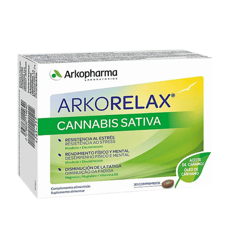 Jar of Arkopharma Cannabis Sativa 30 tablets with label, featuring natural herbal supplement branding by Jag Couture London - New York