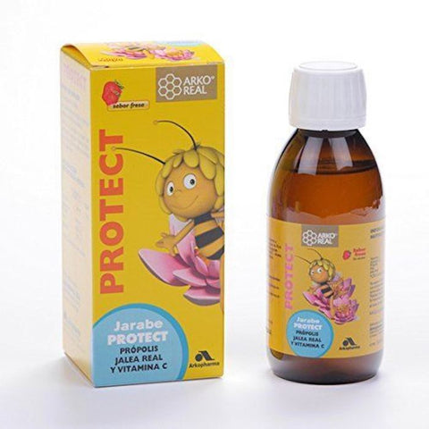 Arkoreal Protect Children Syrup in a 140ml bottle by Jag Couture London New York, with a label and measuring cap visible.