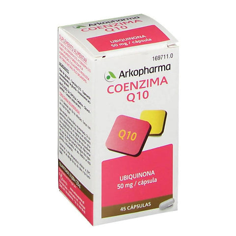 Arkopharma Coenzyme Q10 capsules by Jag Couture London - New York, showing 45 softgel capsules in a bottle.