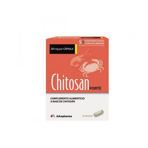 Arkodiet Chitosan Forte 325mg capsules by Jag Couture London, showing 45 capsules in a clear bottle.