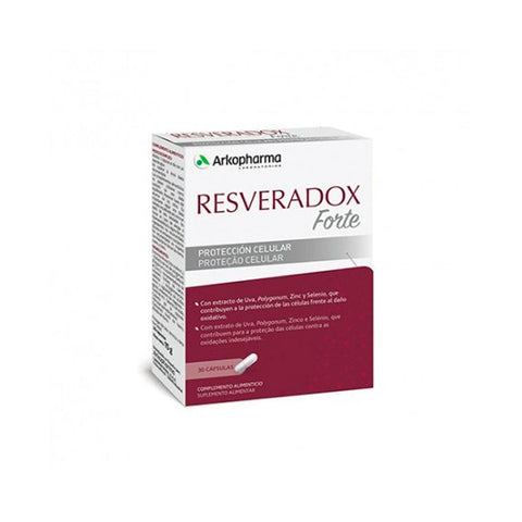 Arkopharma Resveradox Forte 30 capsules supplement bottle with label showing dietary supplement for heart health and antioxidants.