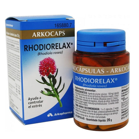 Jar of Arkocapsulas Rhodiorelax capsules by Jag Couture London, featuring 45 herbal supplement capsules on a white background.