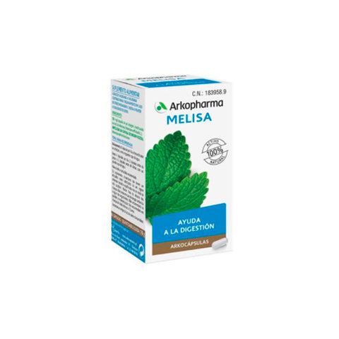 Arkopharma Melissa herbal capsules in a container, featuring natural supplement packaging with 45 capsules for relaxation and stress relief.