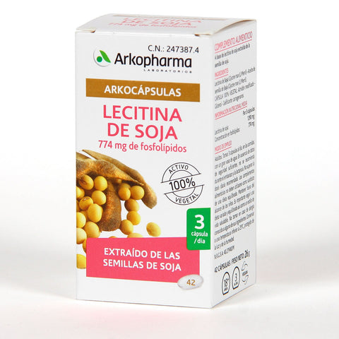 Arkopharma Lecitina Soja Arkocapsulas 42 capsules, dietary supplement with soy lecithin, shown in a clear capsule container.