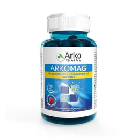 Arkopharma Arkomag Magnesium B6 chewables in a bottle, showing the colorful package and tablets inside.