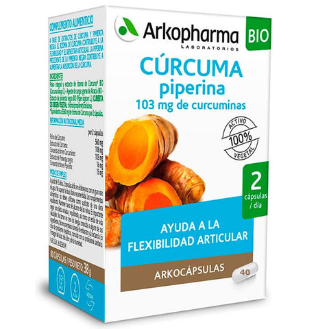 Arkopharma Arkocápsulas Turmeric Piperine capsules, dietary supplement in a bottle, with 40 capsules for joint and overall health.