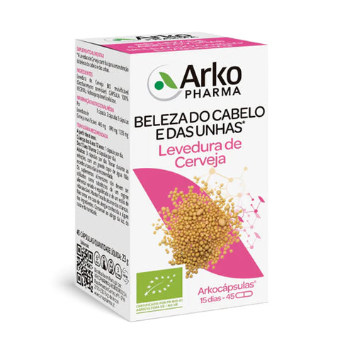 Arkopharma Brewer’s Yeast capsules in a bottle, dietary supplement by Jag Couture London - New York, with 45 capsules inside.