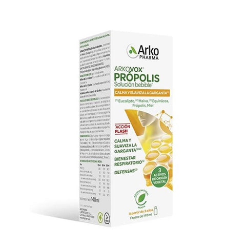 Arkopharma Propolis 140ml bottle, natural herbal supplement with propolis, shown with its label and cap on a neutral background.