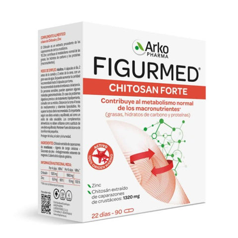 Arkopharma Chitosan Forte 325 mg capsules, dietary supplement in a bottle, displayed with 90 capsules on a white background.