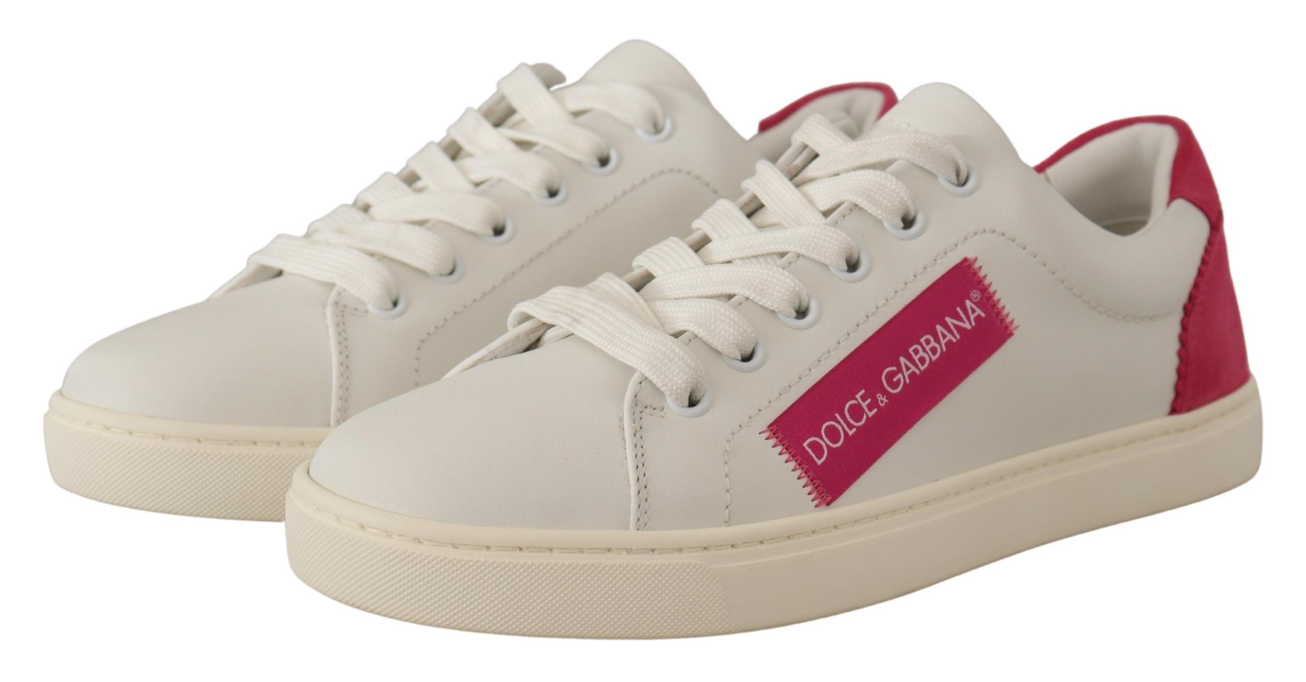 White and pink leather low-top sneakers for women by Dolce & Gabbana, showcasing stylish casual footwear.