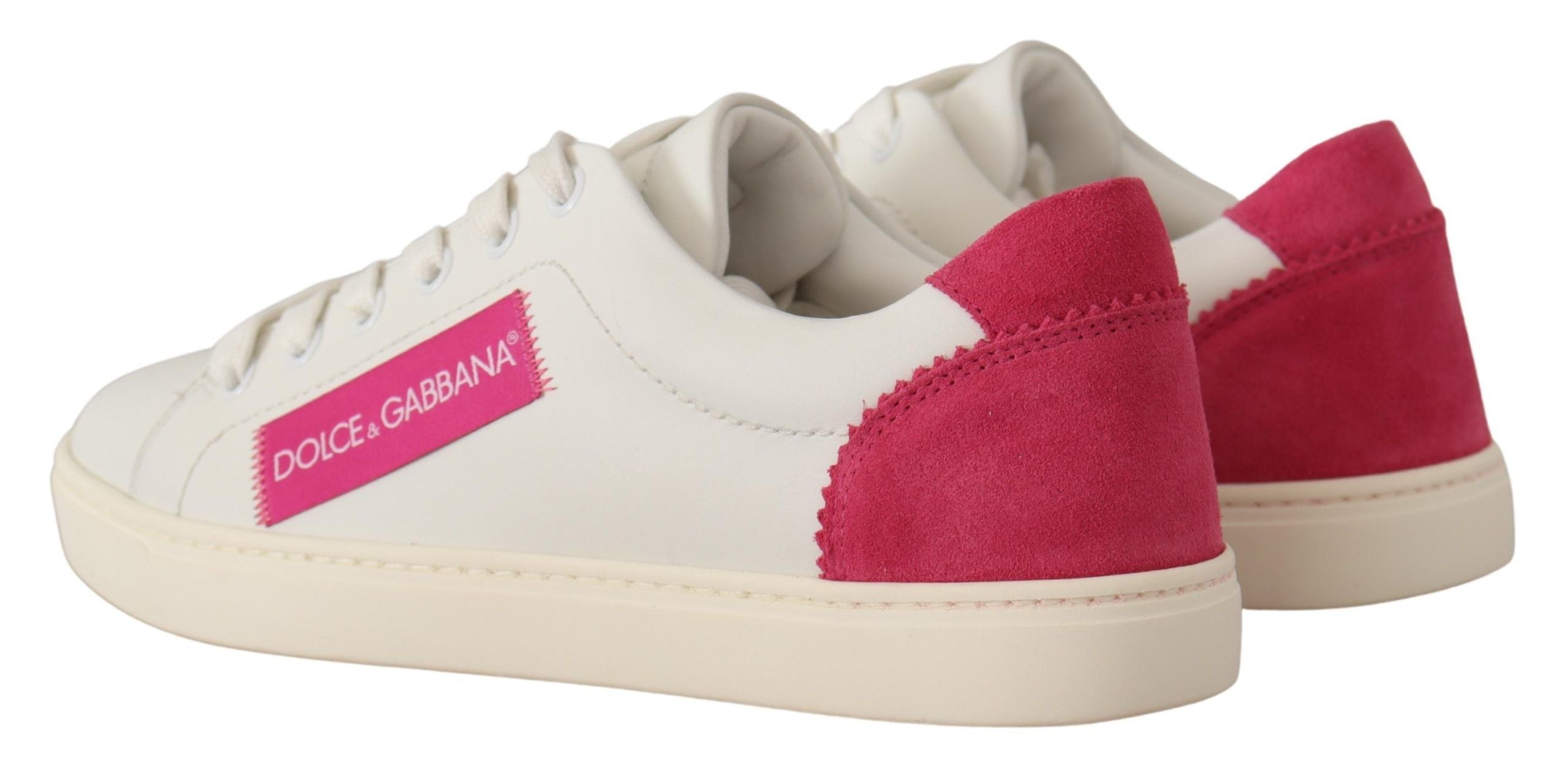 White and pink leather low top sneakers for women by Dolce & Gabbana, featuring stylish, casual design and comfortable fit.