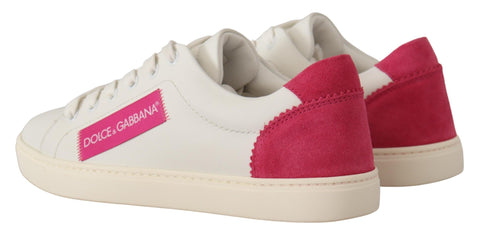 White and pink leather low top sneakers for women by Dolce & Gabbana, featuring stylish, casual design and comfortable fit.