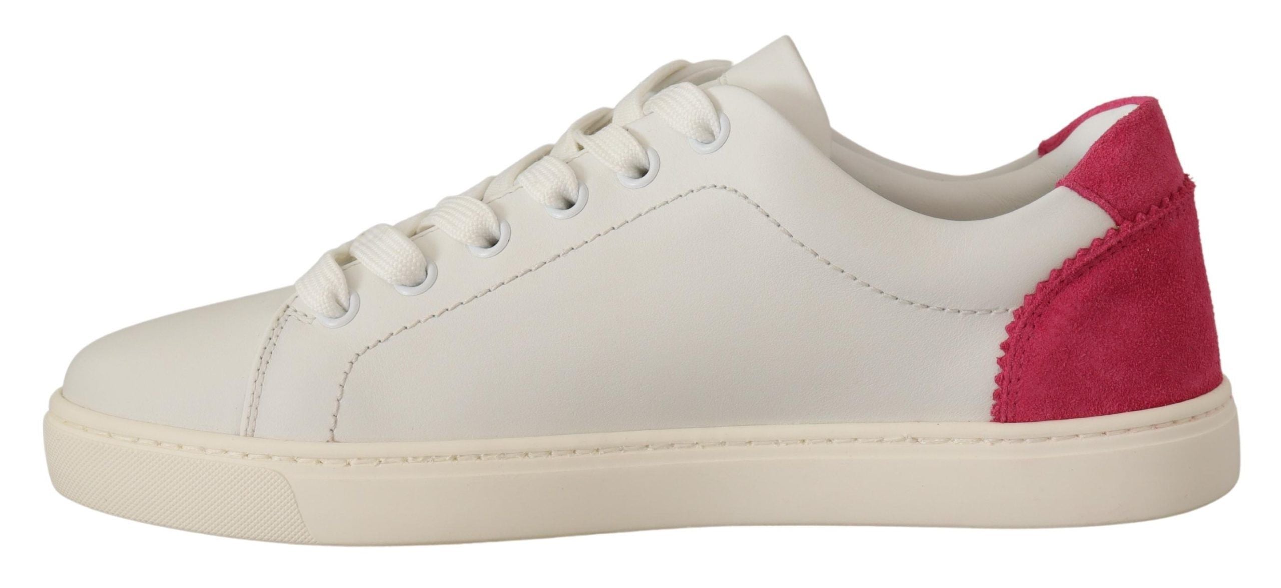 White and pink leather low-top sneakers for women by Dolce & Gabbana, featuring stylish design and comfortable fit.