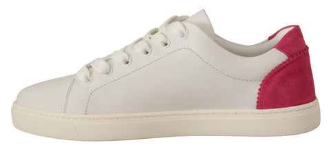 White and pink leather low-top sneakers for women by Dolce & Gabbana, featuring stylish design and comfortable fit.