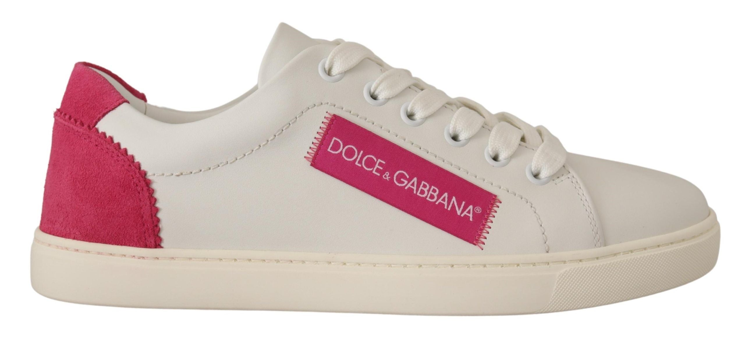 White and pink leather low-top sneakers for women by Dolce & Gabbana, featuring stylish design and comfortable fit.