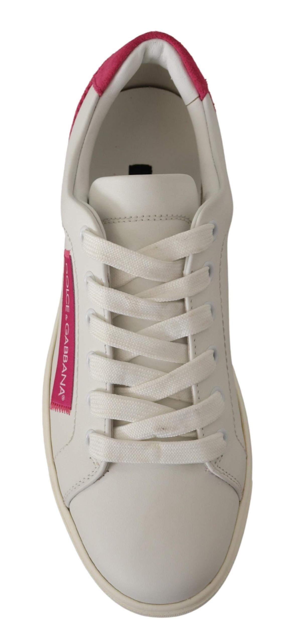 White and pink leather low-top sneakers for women by Dolce & Gabbana featuring stylish design and comfortable fit.