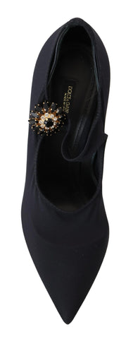 Black stretch crystal pumps with the Dolce & Gabbana logo on the heels, featuring sleek design and stylish sock-like fit.