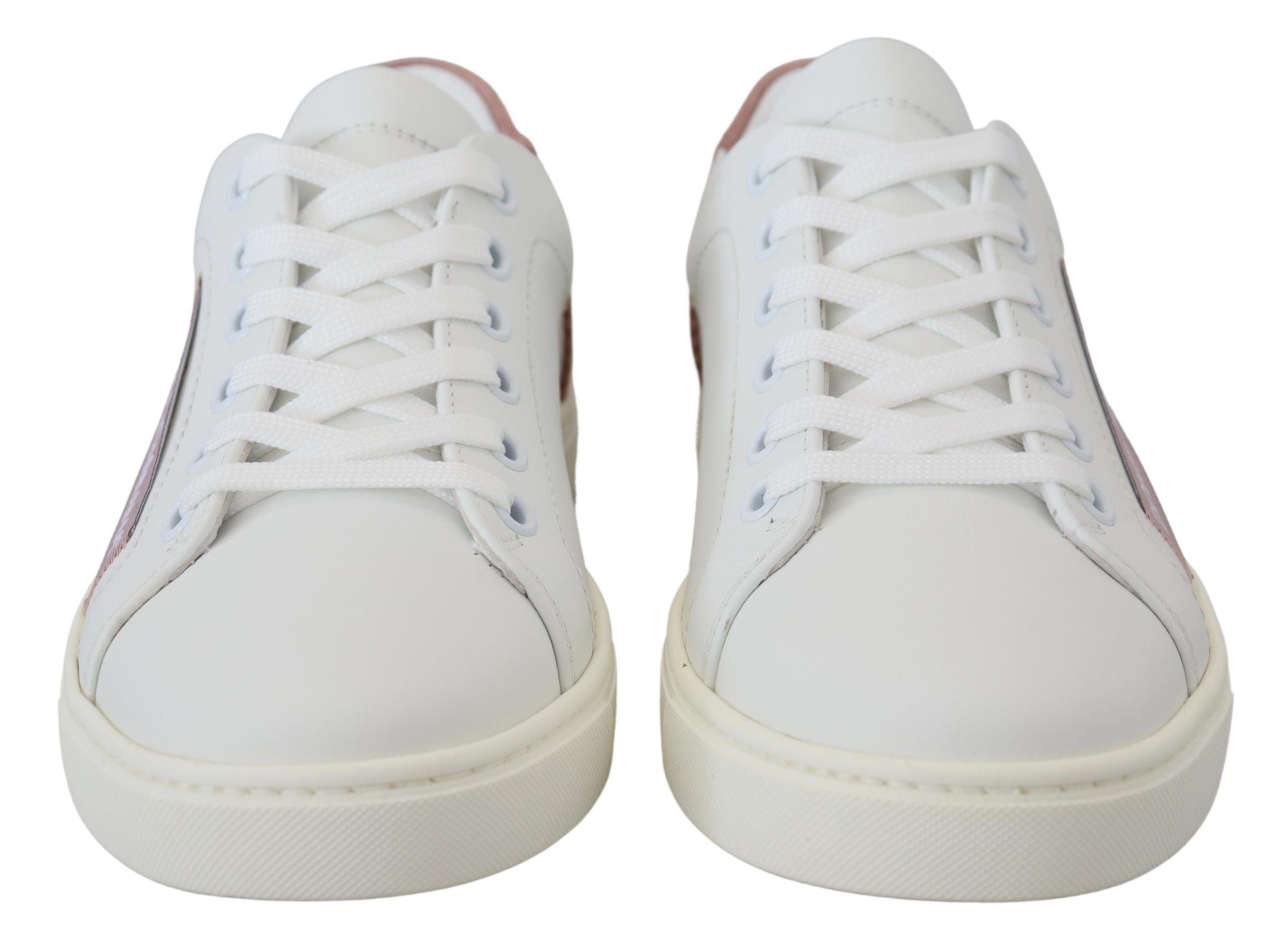 White and pink leather low-top sneakers by Dolce & Gabbana, featuring stylish design and comfortable fit.