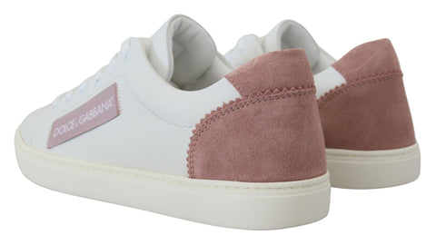 White and pink leather low-top sneakers by Dolce & Gabbana, featuring stylish design and comfortable fit.