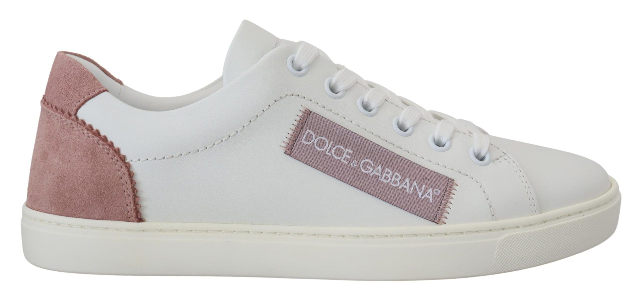 White and pink leather low-top sneakers by Dolce & Gabbana, featuring stylish design and comfortable fit.