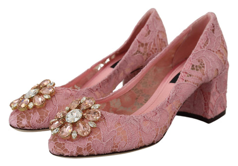 Pink Taormina Lace Crystal Pumps by Dolce & Gabbana with delicate lace detailing and sparkling crystal embellishments.