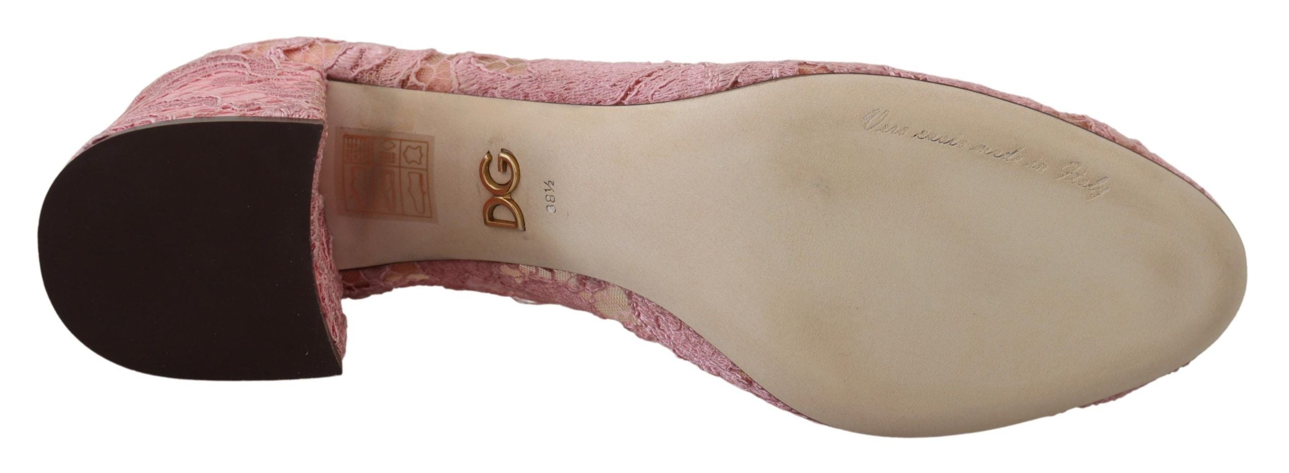 Pink Taormina Lace Crystal Pumps by Dolce & Gabbana with pastel-colored lace and crystal embellishments.