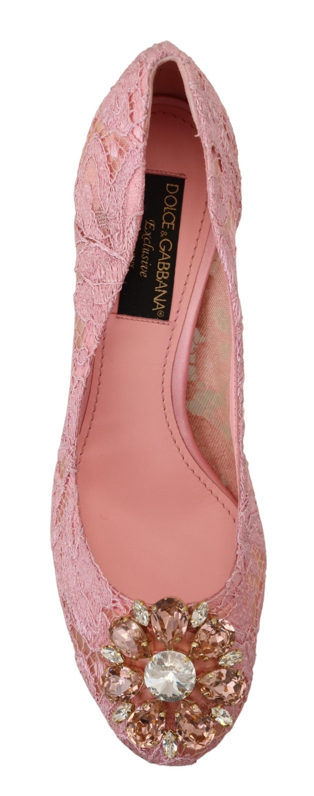 Pink Taormina lace crystal pumps by Dolce & Gabbana, featuring pastel-colored shoes with lace detail and sparkling crystal accents.