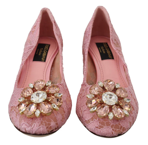 Pink Taormina Lace Crystal Pumps by Dolce & Gabbana featuring pastel-colored lace and sparkling crystal embellishments.