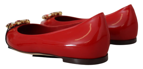 Red leather Dolce & Gabbana crystals loafers flats shoes with decorative embellishments and slip-on style.