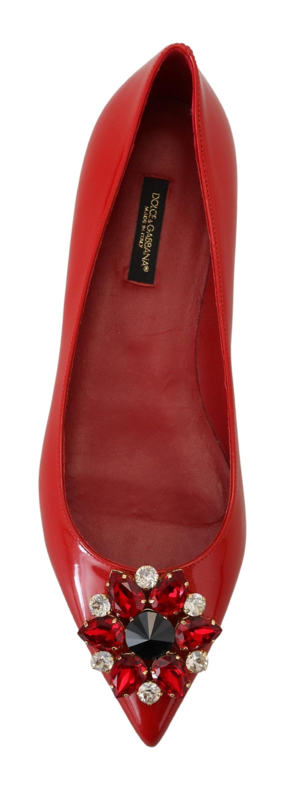 Red leather crystals loafers flats shoes by Dolce & Gabbana with sparkling crystal embellishments and sleek design.