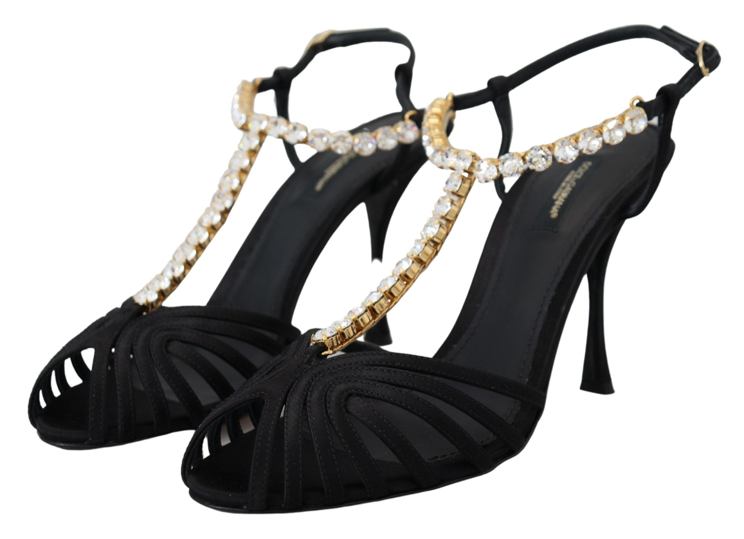 Black satin T-strap sandal shoes with clear crystal accents by Dolce & Gabbana, featuring a sleek and elegant design.
