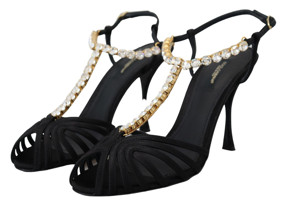 Black satin T-strap sandal shoes with clear crystal accents by Dolce & Gabbana, featuring a sleek and elegant design.