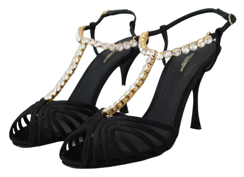 Black satin T-strap sandal shoes with clear crystal accents by Dolce & Gabbana, featuring a sleek and elegant design.