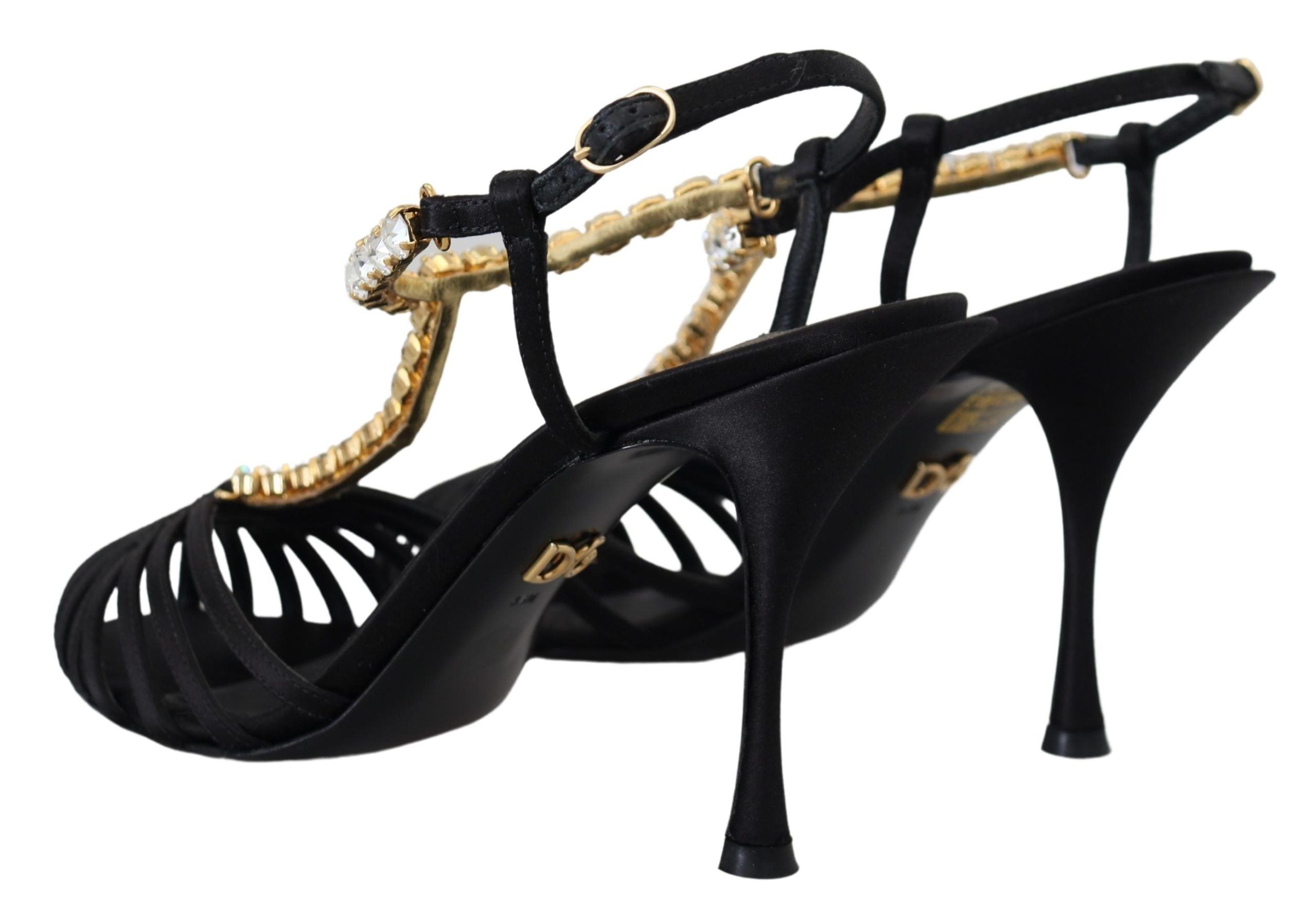 Black satin T-strap sandal shoes with clear crystals by Dolce & Gabbana, featuring elegant design and open toe style.