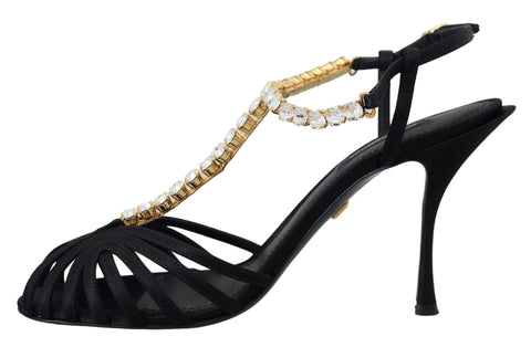 Black satin T-strap sandal shoes with clear crystal embellishments by Dolce & Gabbana, featuring a stylish elegant design.